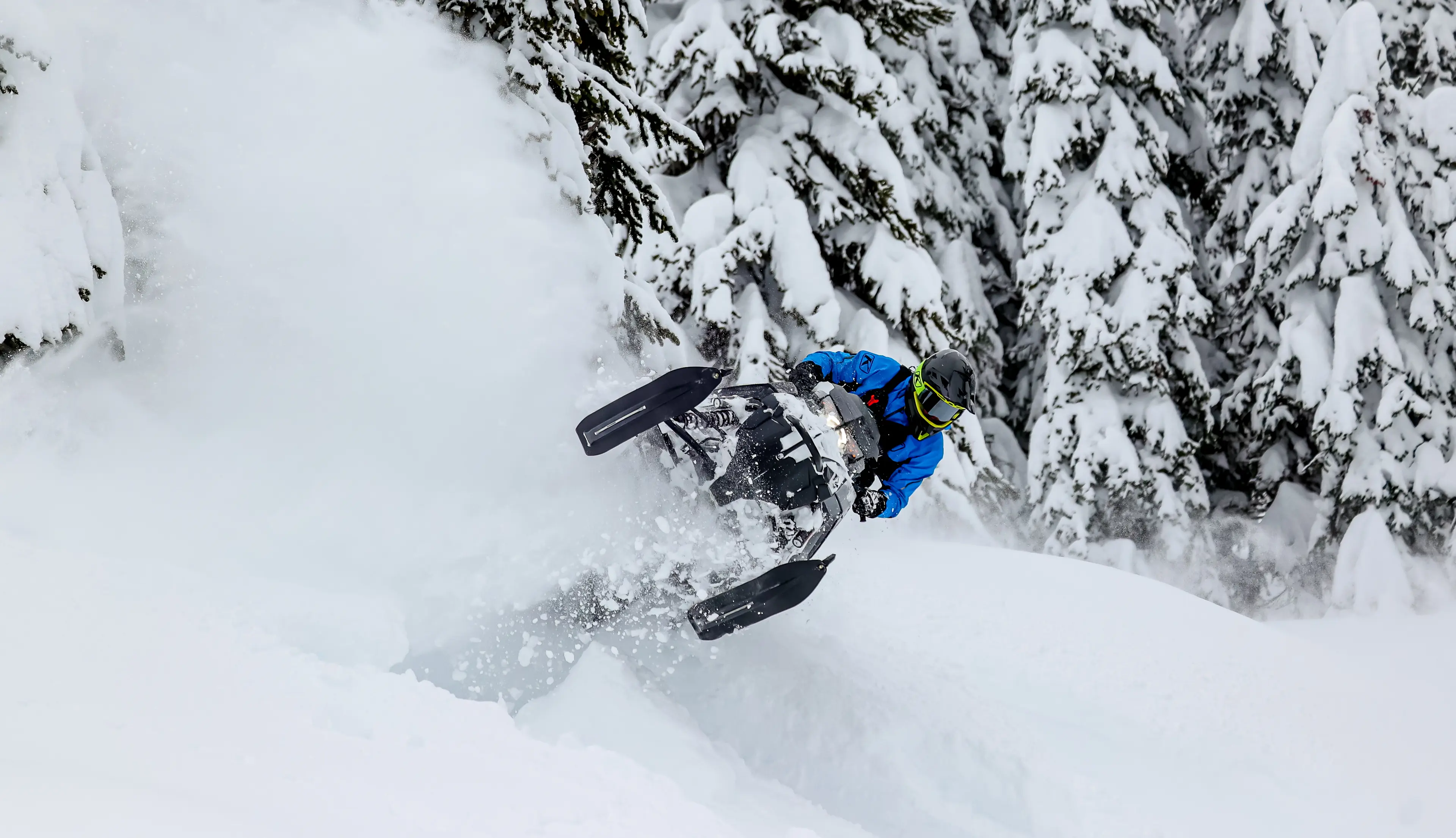 snowmobiler riding powder in the trees